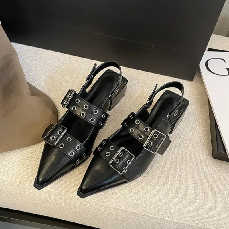 

Shoes for Women Fashion Pointed Rivet Single Shoe Designer Pointed Women's Shoes Spring Belt Buckle Mid Heel Pumps Zapatos Mujer