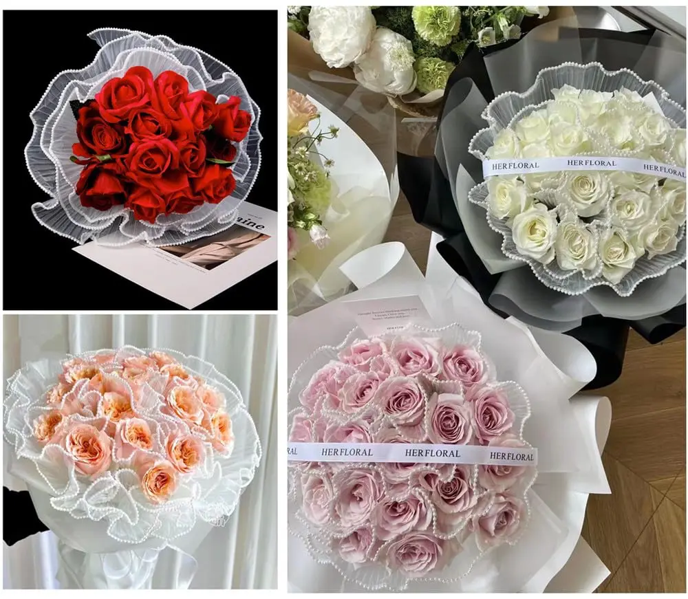 1 Pack Flower Wrapping Paper Flower Shop Bouquet Supplies White Pearl Wave Yarn Flower Wrapping Paper Wedding Birthday Supplies - view 5