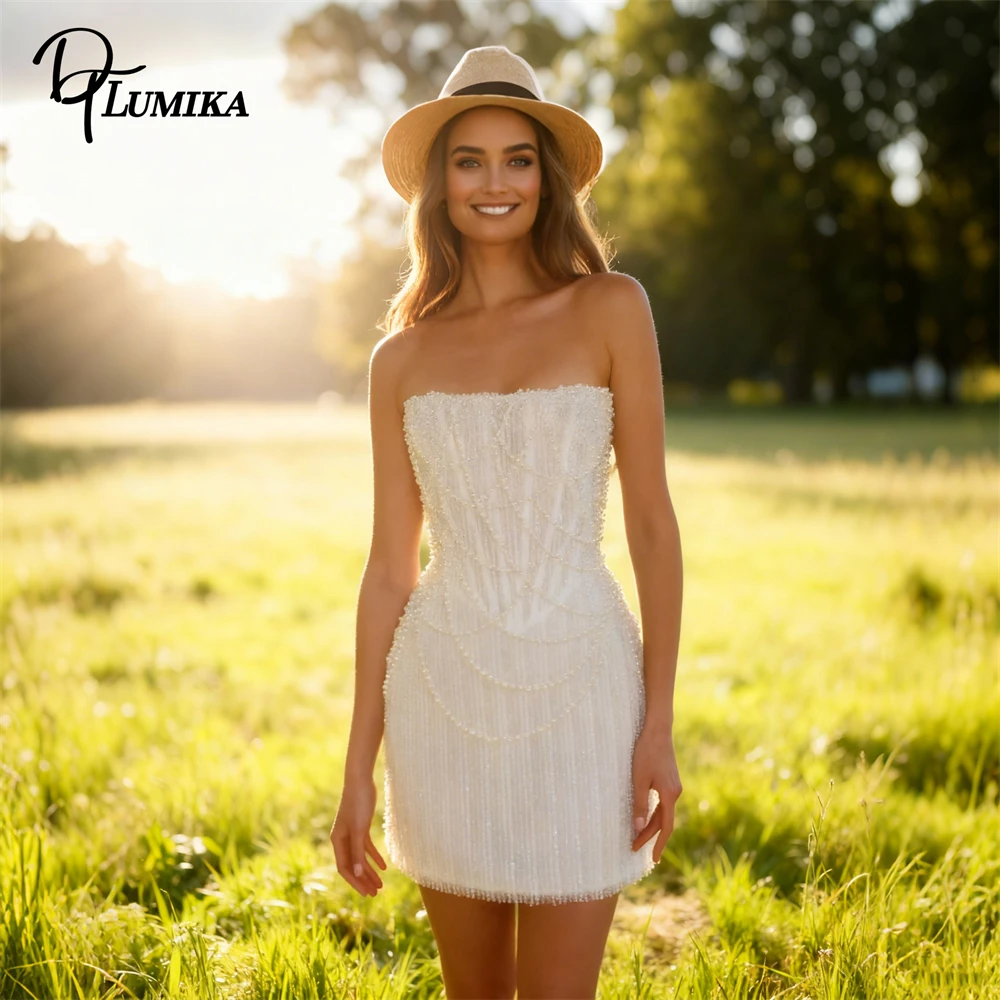 DTLumika Pearls Short Wedding Dress for Women, Strapless Lace Sequins Bridal Gown Zipper Closure Sweet Bride Dresses Above Knee