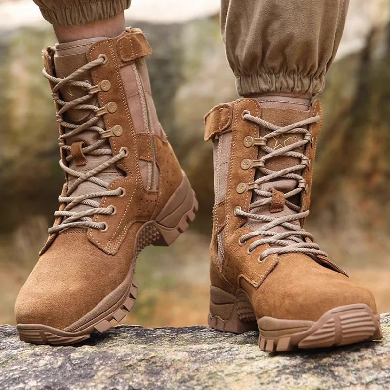 Luxury Cowhide Canvas Boots Outdoor Hiking Walking Working Men's Shoes Fashion Side Zipper Boot Anti-skid Wear-resistance Shoe