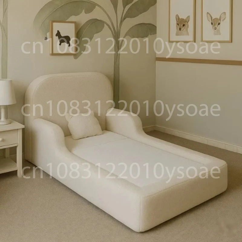 Children's Upholstered Children's Floor Bed with Safety Railing, Soft Terry Fabric, Modern Low-rise Children's Bed