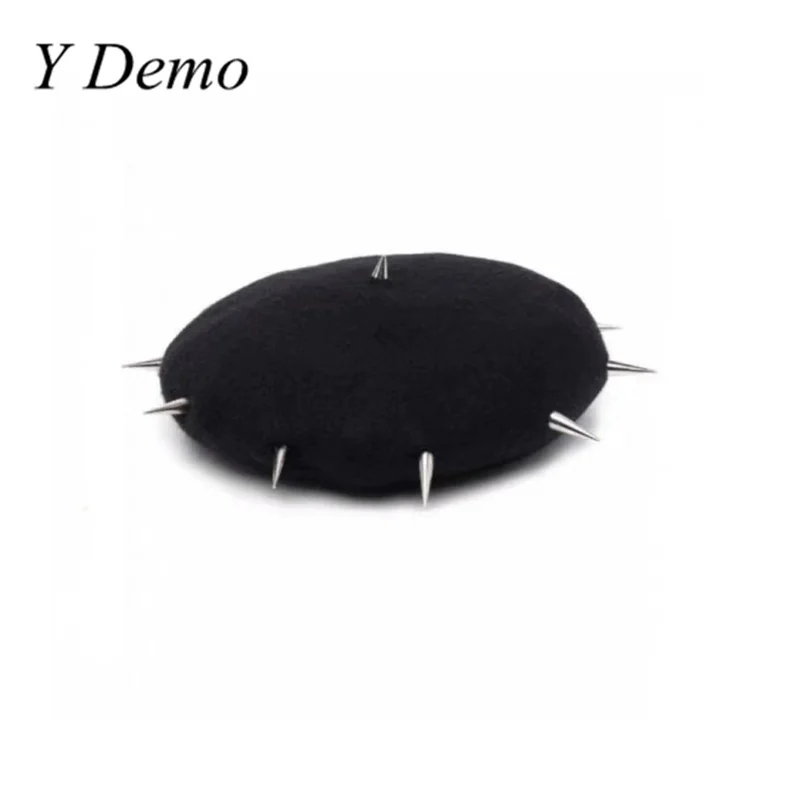 Y Demo Punk Rock Rivets Pu Splicing Women\'s Beret Hat Streetwear Woolen Sparks Adjustable Black Hats