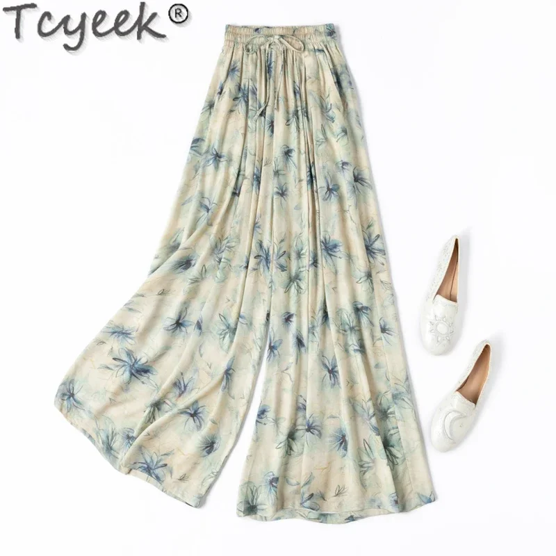 

Tcyeek 70% Mulberry Silk +30% Cotton Pants Womans Clothing Summer Streetwear Wide Leg Pants Women Casual Trousers Pantalones