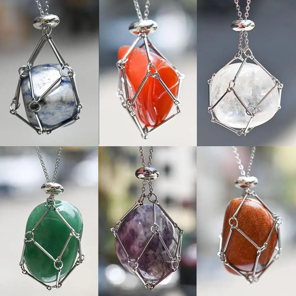 NONE Sac en filet de cristal naturel, collier réglable en métal et bambou, pendentif tissé en pierres précieuses brutes irrégulières, bijoux