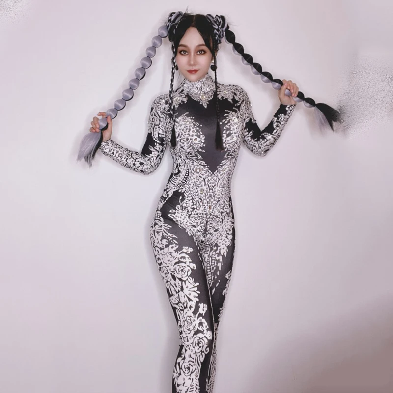 

2023 Printed Stretch Jumpsuit Women Gogo Dancers Party Dress Nightclub Bar Dj Performance Costumes Drag Queen Clothes DN15494