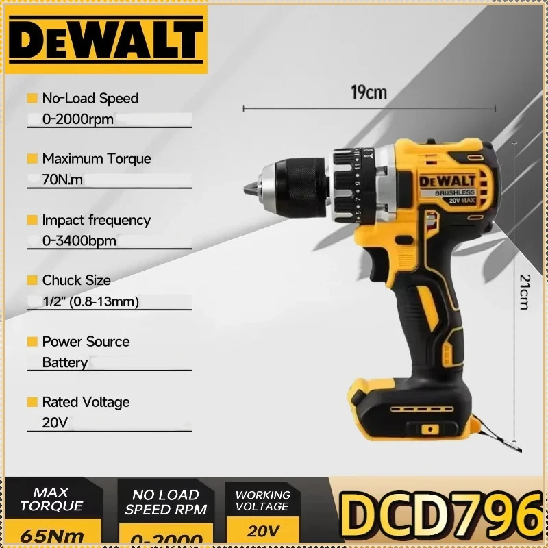 Furadeira de Impacto Sem Fio Dewalt DCD796, Furadeira Compacta Sem Escovas, Ferramentas Portáteis Recarregáveis para Bateria Dewalt