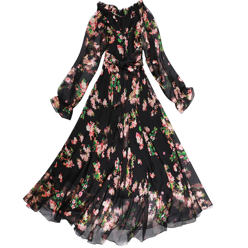 2024 New Floral Print Party Long Dress Women Vestidos Elegant Pleated Chiffon Kaftan Muslim Abaya Islamic Clothing Arab Robes