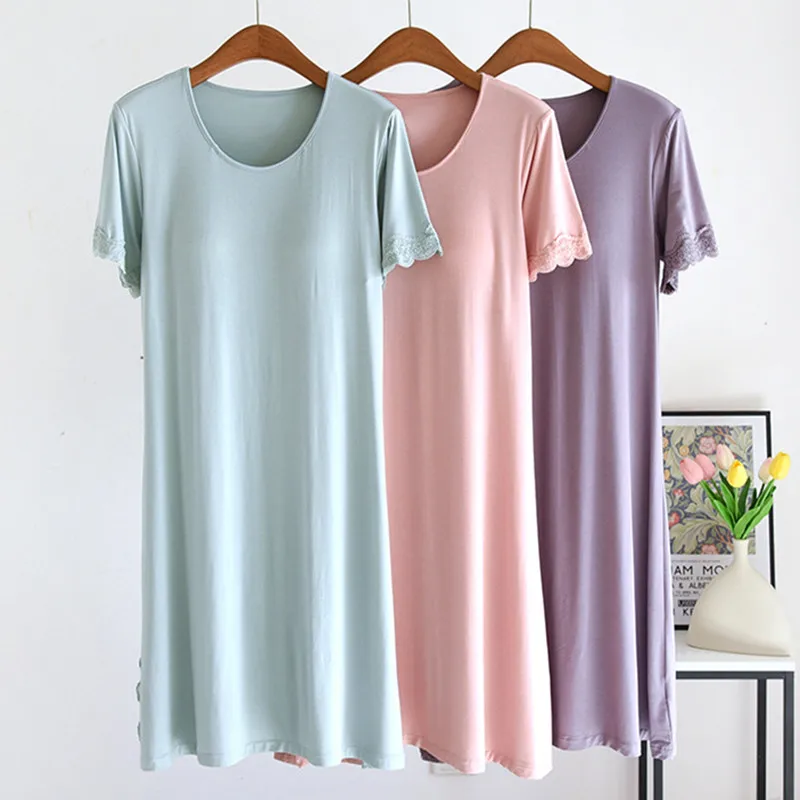 

Casual Chest Pad Solid Color Ladies Nightshirt Short Sleeved Housewear Sleep Dress New Modal Nightgowns Women Summer Nightdress