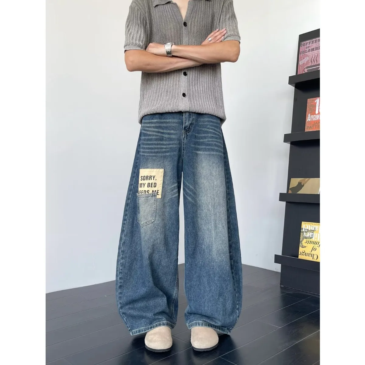 Retro American Patchwork Wide Leg Jeans Men Women Spring Summer Design Sense Fading Color Block Knife Denim Jeans