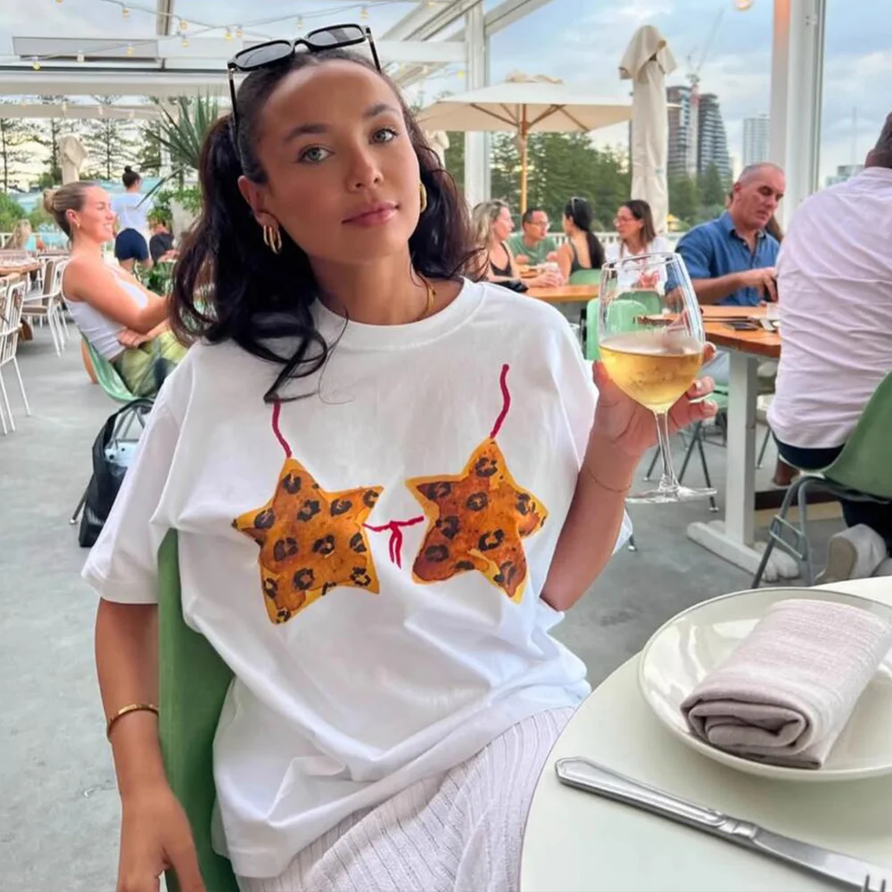 Śmieszne białe koszulki damskie z krótkim rękawem, luźne, bawełniane, letnie topy z nadrukiem leoparda i pięcioramiennej gwiazdy, w stylu Spice Girls, moda uliczna.