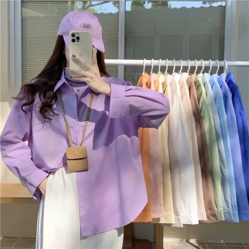 

Women Loose Blouses Long Sleeve Button Blusas Outdoor Tops Y2k Korean Autumn Office Slimming Lapel Shirts Outerwear Fashion 블라우스