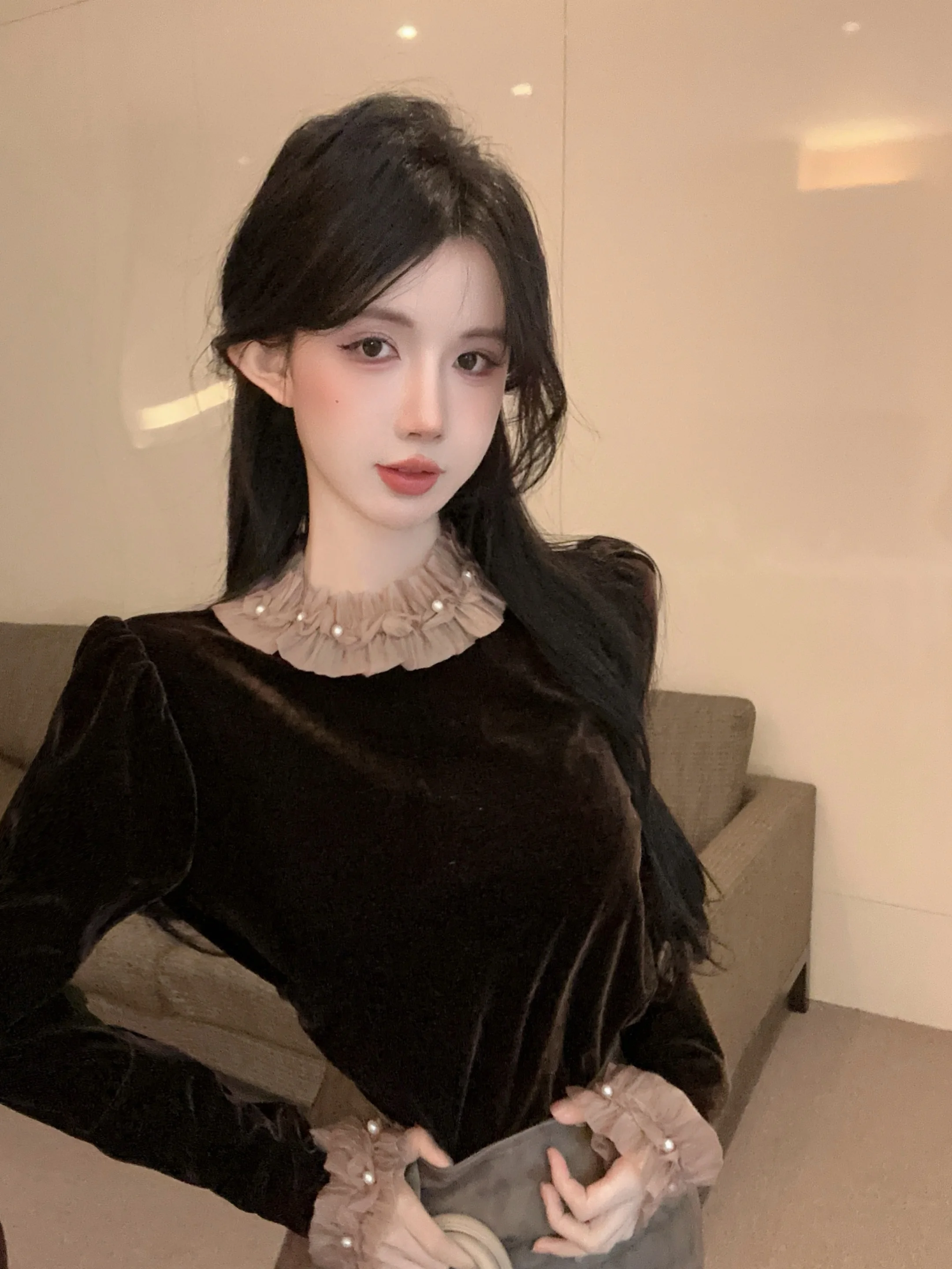 

Velvet Bubble Sleeve Shirt Women's Autumn Winter Style Semi High Collar Inner Wear Outer Wear Frock for plus Size