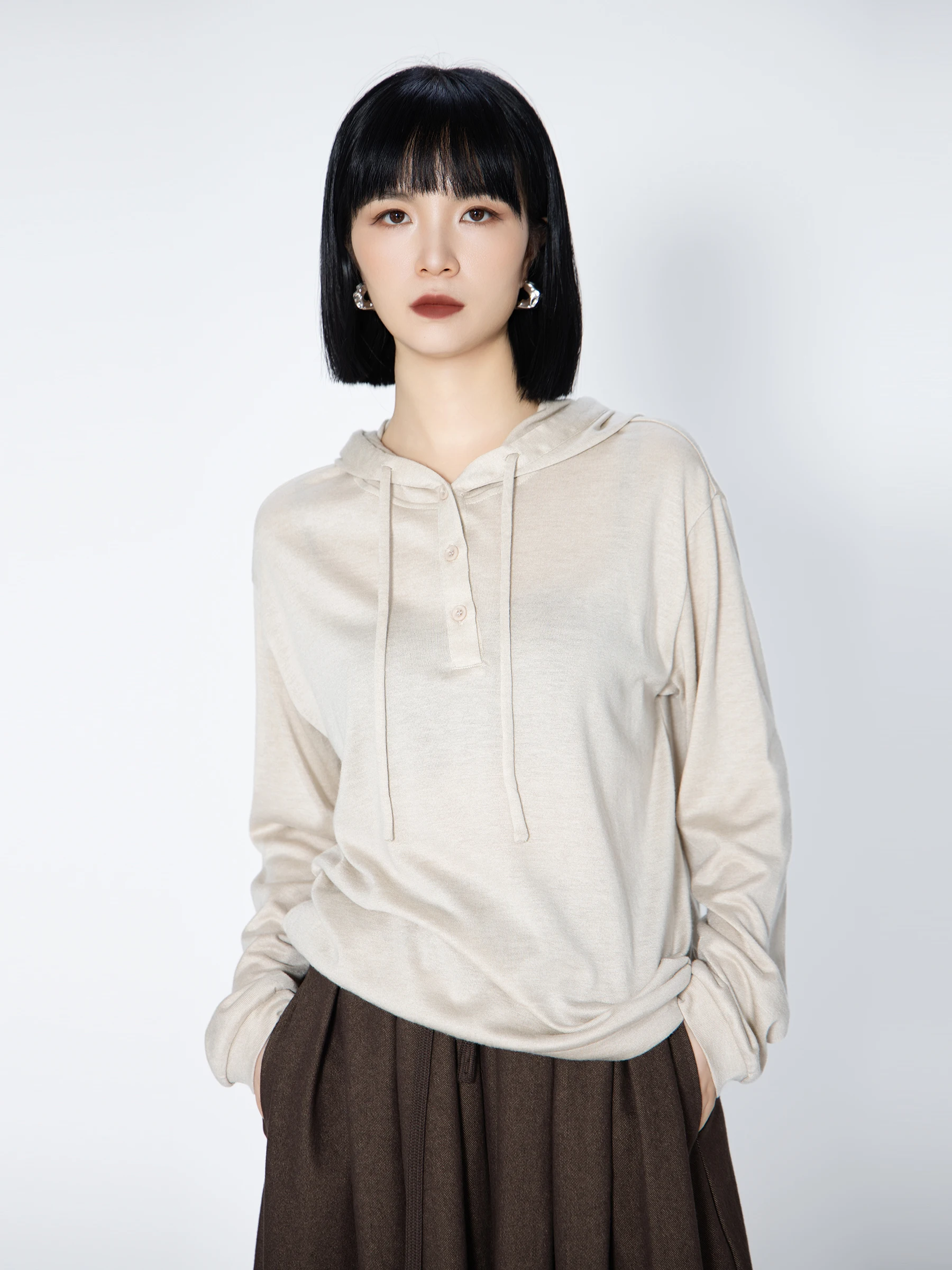 

Bookru 2025 New Loose Fit Long Sve Knitted Hoodie Women's Faion Versatile Casual Polyester Acrylic Nylon Wool Blend Top