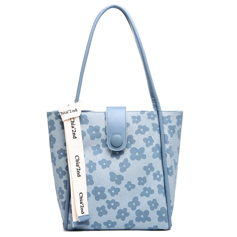 

2025 Student Canvas Bucket Bag - Hand-Embroidered Flowers, Spacious Women's Shoulder Tote for College Commute