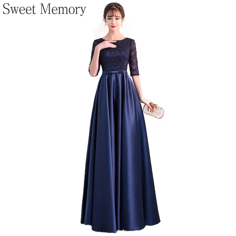 D495 Customize Navy Blue Evening Dress Elegant A Line Satin Lace Sweet Memory Women Formal Wedding Guest Dresses Prom Party Gown