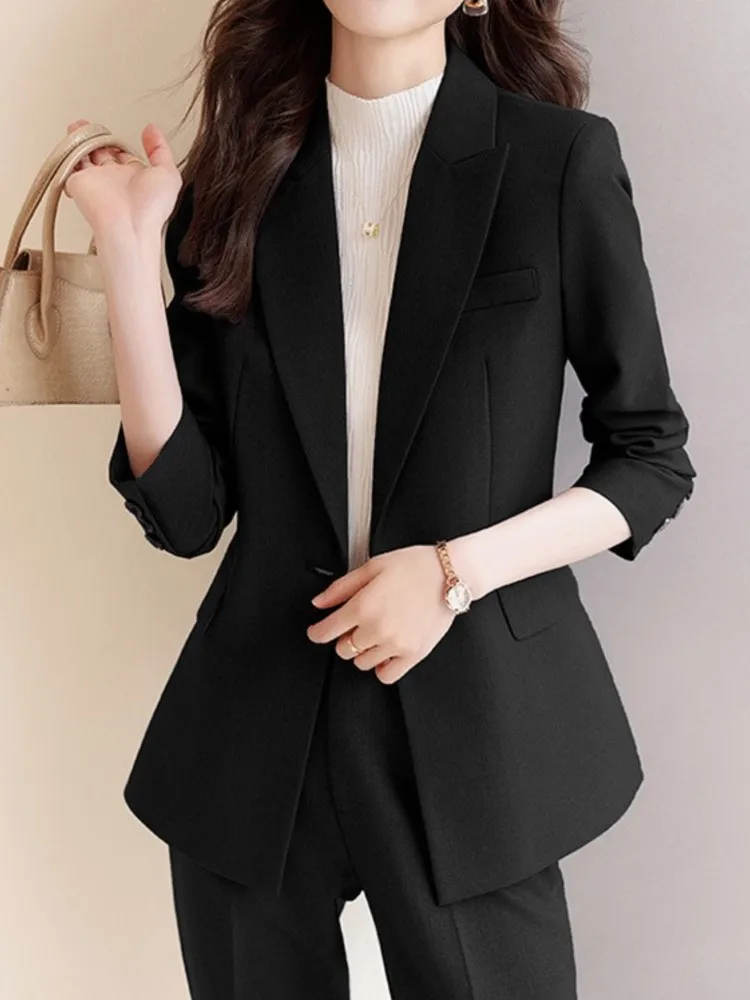 Imagem -04 - Jaqueta de Blazer Formal Vintage Feminino e Conjunto de Calças Terno de Calça Sólida Blazer Fino Elegante Casual Calças Femininas Monocromáticas Peças