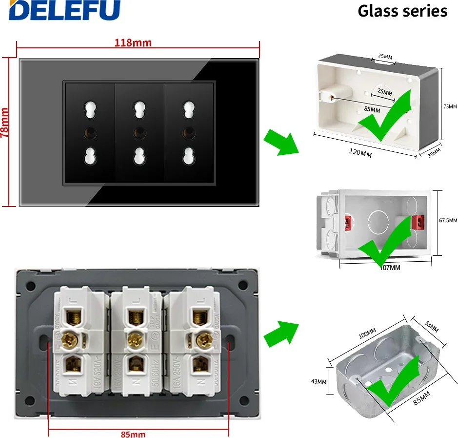 DELEFU Black Tempered Glass Italian Standard German-Italian Socket USB Type C Wall Socket Switch Satellite TV Phone CAT5 CAT6