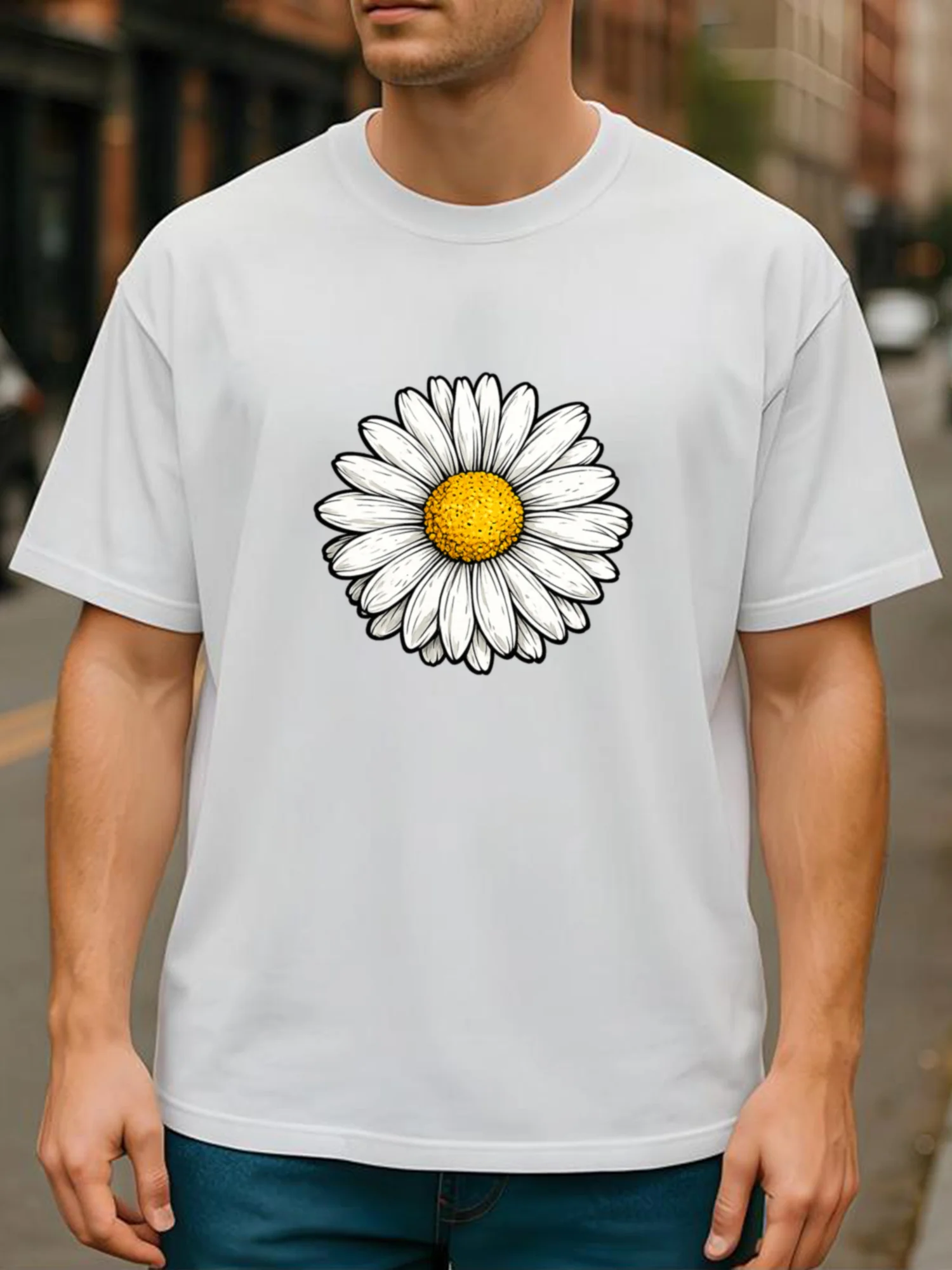 Illustrated Daisy. Fresh And Literary Aesthetic. Appropriate for Every Season. T-Shirt with Design Print. Crew Neck T-Shirt. Men
