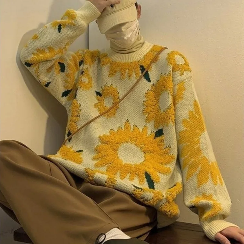 Fashion Brand Autumn Winter Retro Flocking Sunflower Sweater Men Women O-Neck Pullover Oversize Knitted Top Casual Streetwear