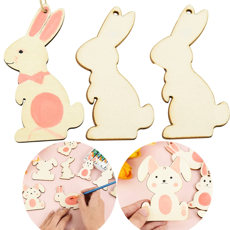 6/12pcs Wooden Easter Bunny Ornament Cute Rabbit Carrot Pendants Wood Slice Easter Decoration For Home Kids DIY Painting Crafts