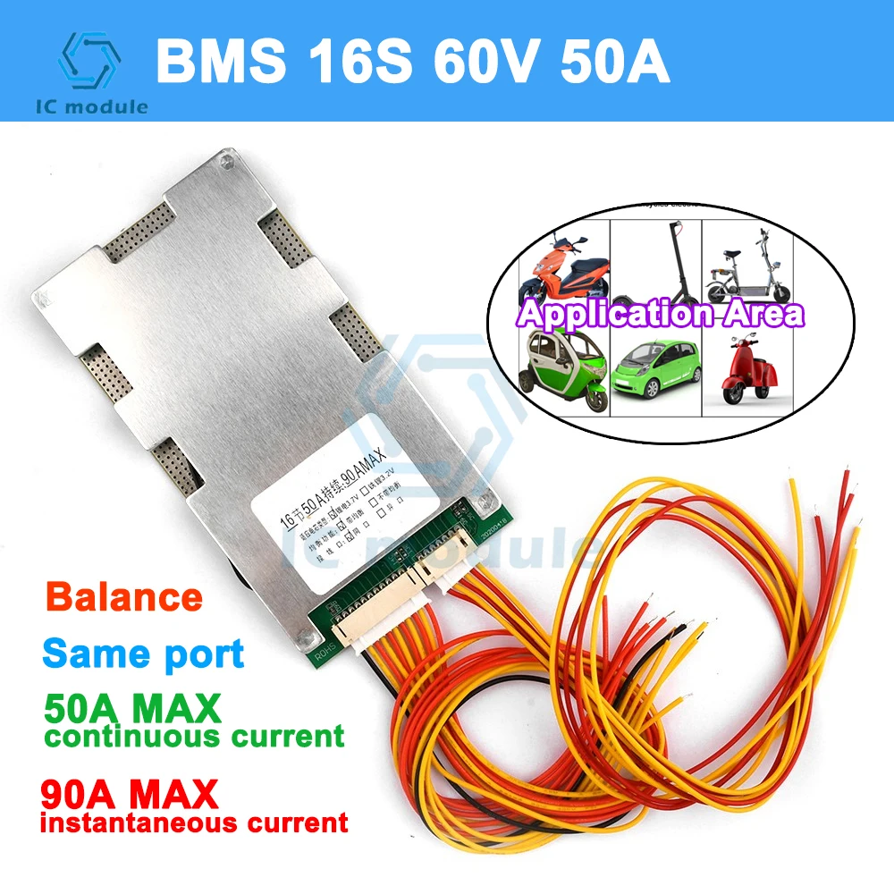 BMS 16S 60V 50A Lithium Battery Charger Protection Board 90A peak current with Balance Protection Board For Electric Bike