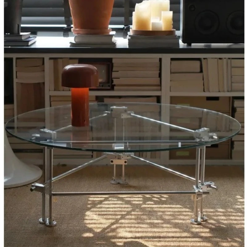 

Nordic simple round glass coffee table, stainless steel optical axis, living room new medieval tea table