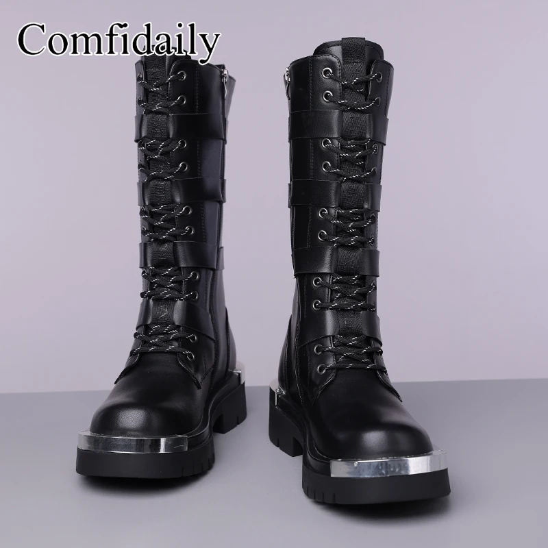 

High end autumn winter new thick soled long tube motorcycle boots retro trend belt buckle metal cool punk style high tube boots