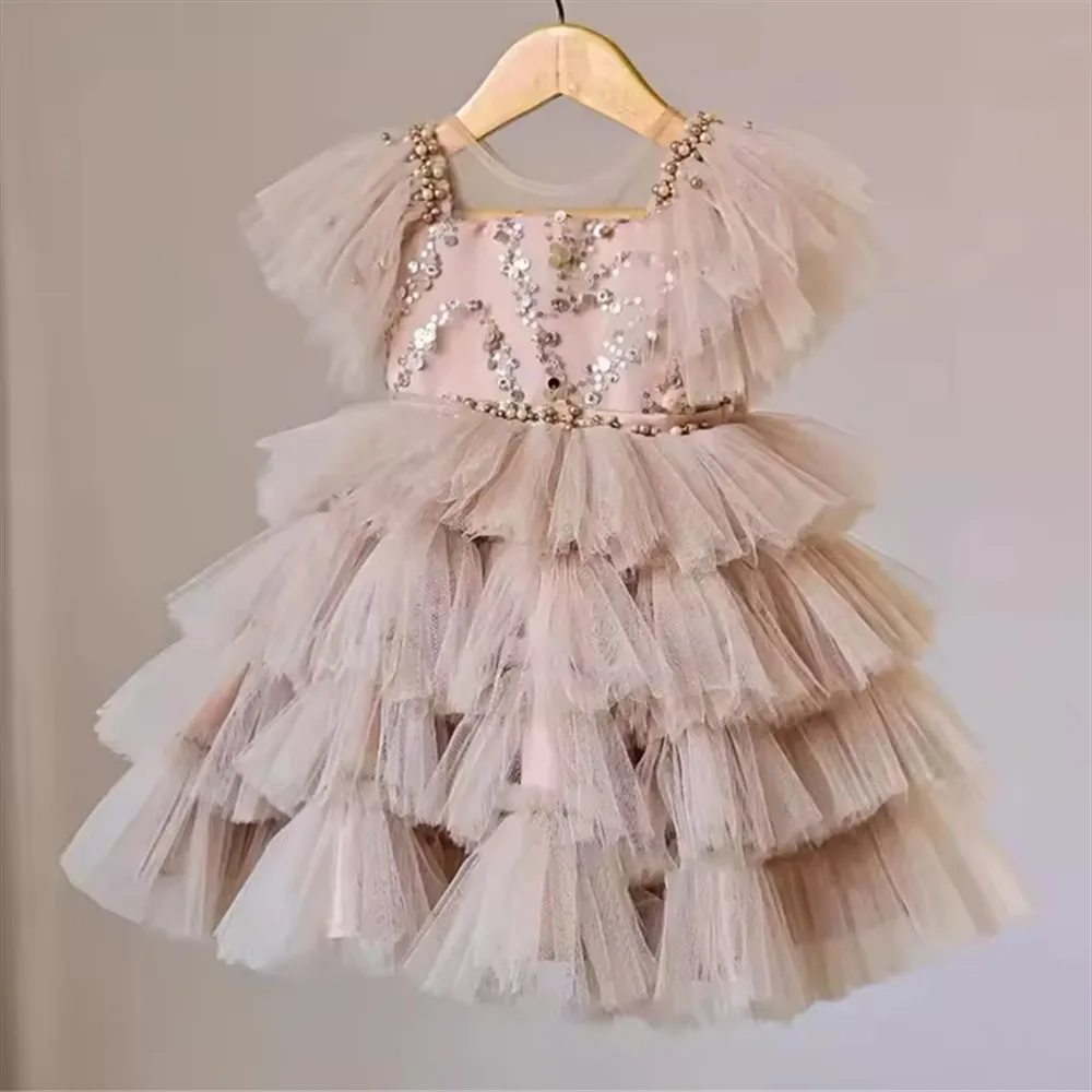 

Trendy Flower Girl Wedding Dress Sparkling Beading Sequins Layered Dress with Bow Princess Special Events Birthday Party Gowns
