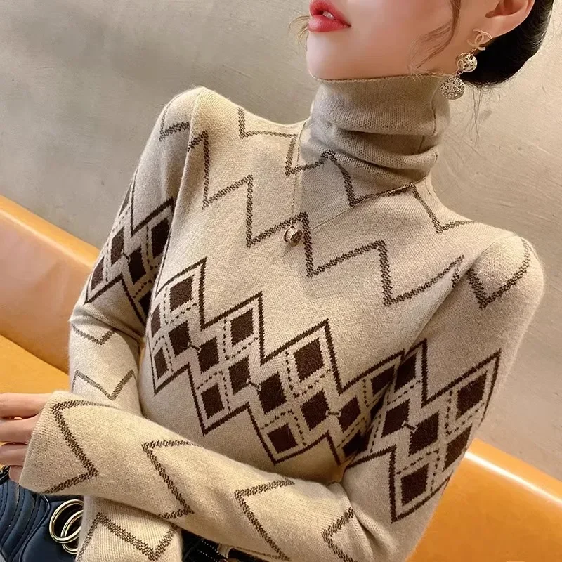 

Autumn Winter Contrast Elasticity Slim Knitted Sweaters Women Clothing Vintage Chic Jacquard Comfortable Soft Pullovers