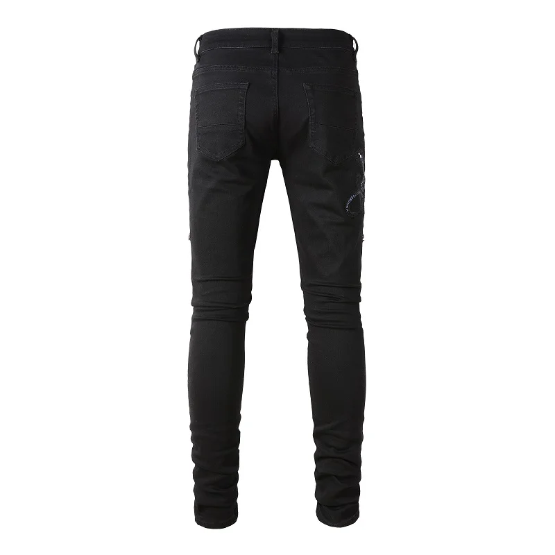 Men Snake Embroidery Jeans Skinny Tapered Stretch Denim Pants Streetwear Holes Ripped Leather Patch Patchwork Trousers Black