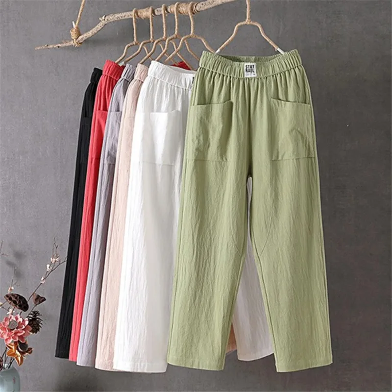 

Sweatpant Ankle-Length Cotton Linen Harem Pants Summer Baggy Elastic High Waist Straight Pantalons Casual Loose Womens Trousers