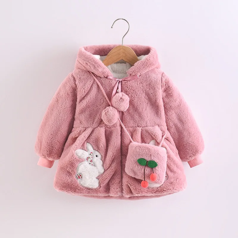 Cute Rabbit Plush Baby Jacket Christmas Party Princess Girls Coat Autumn Winter Warm Hooded Children Outerwear Clothing Send Bag