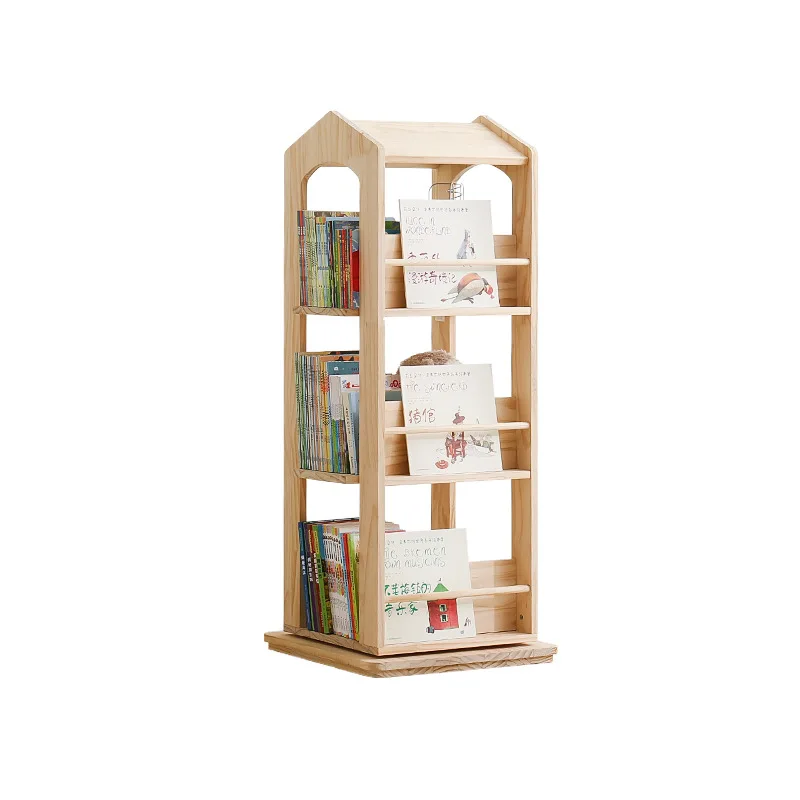 360 Rotating Bookcase Solid Wood Vertical Rotating Floor-to-ceiling Bookcase Baby Reading Area Bookcase Picture Book Rack