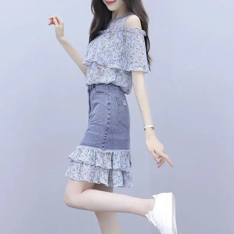 Woman Outfit Kawaii Printing Short Sleeve 2 Pieces Sets for Women Denim Commuting Skirt Summer Clothes 2024 Top and Bottom Full