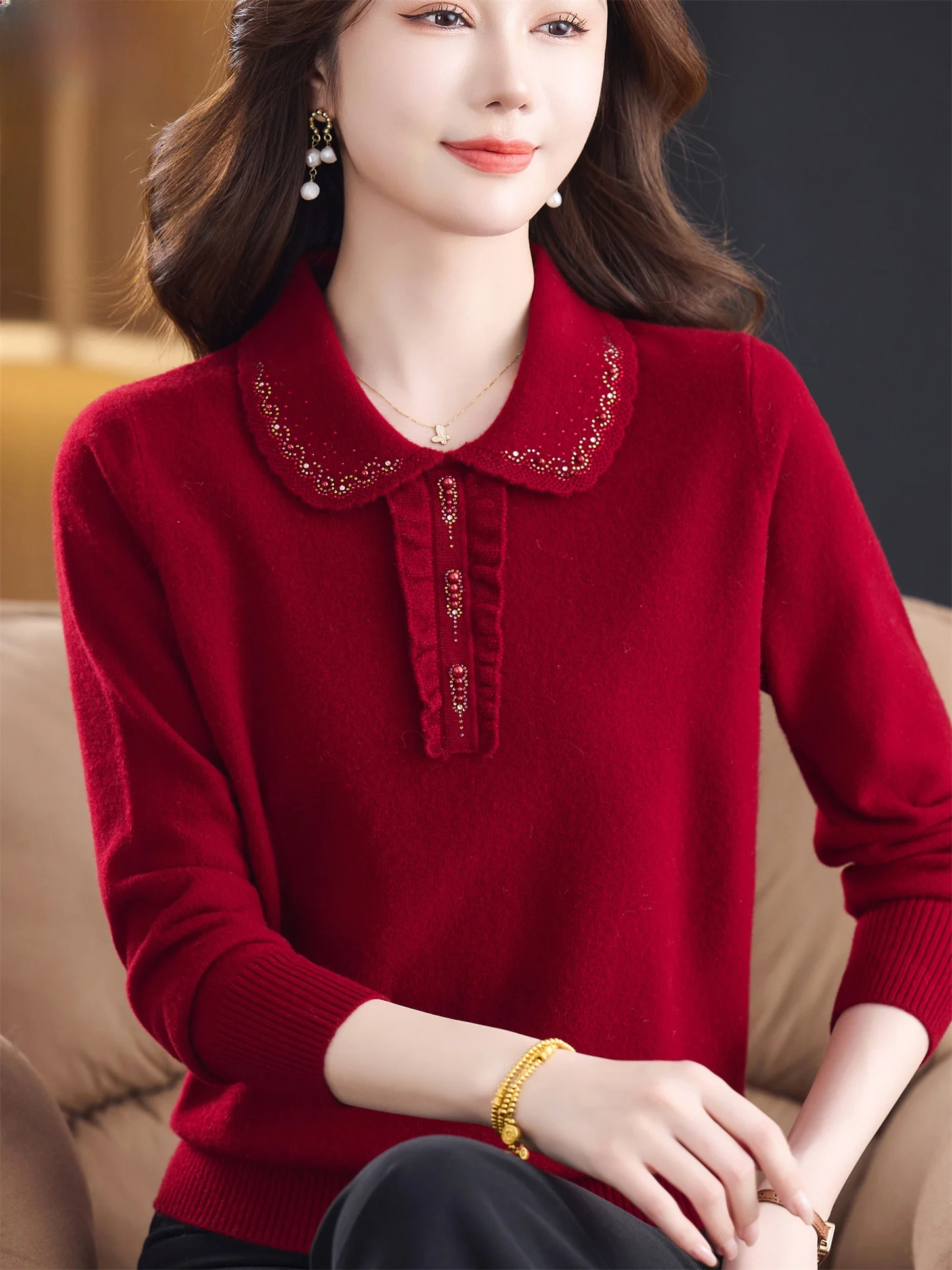 

Осень-зима Faion 00, свитер из чистой шерсти, женский трикотаж с воротником, модный топ с воротником для мамы, кукольный воротник, основа irt