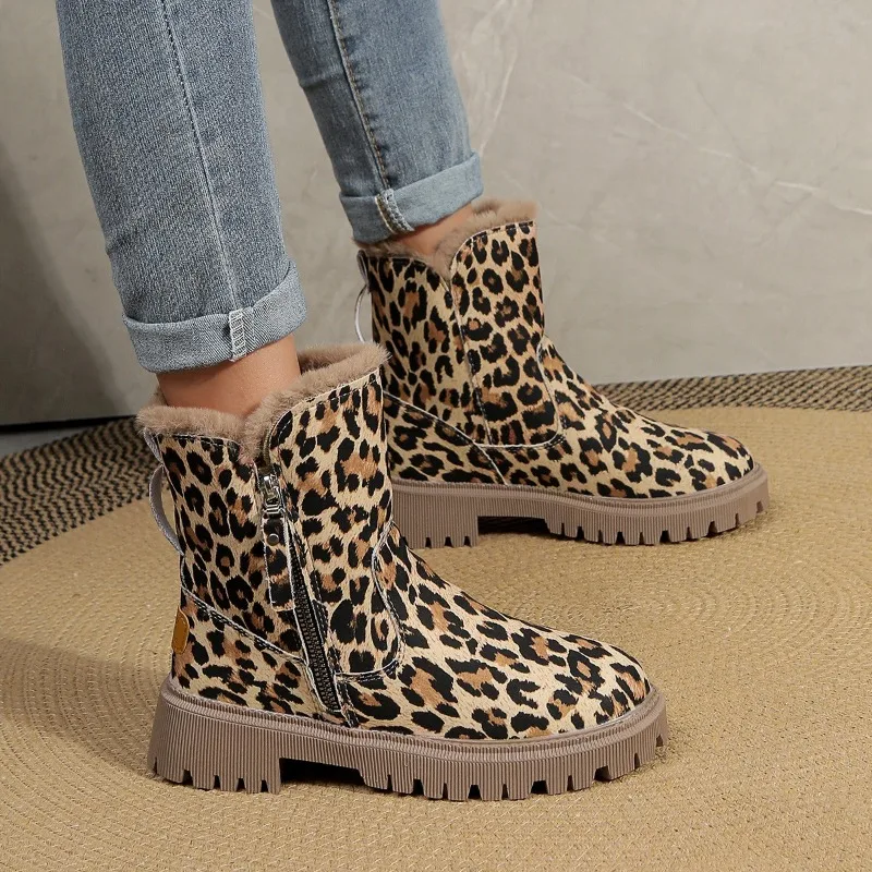 Shoes for Women 2023 Zip Women\'s Boots Fashion Leopard Print Daily Boots Women Hot Sale Round Toe Platform Keep Warm Mid-Calf