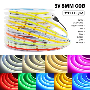 DC 5V USB COB Strip 320 LEDs/M สีขาว/น้ําแข็งสีฟ้า/สีชมพู/สีเหลือง/สีชมพู/สีแดง PCB 8 มม.ริบบิ้นเชือกโคมไฟกลางคืน TV Backlight LED Strip