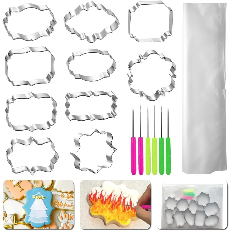 

Frame Cookie Cutters 10 Shapes with 6 Cookie Scribes and 1 Storage Bag for Plaque Fondant Dough Cutting Baking Tools and Kitche