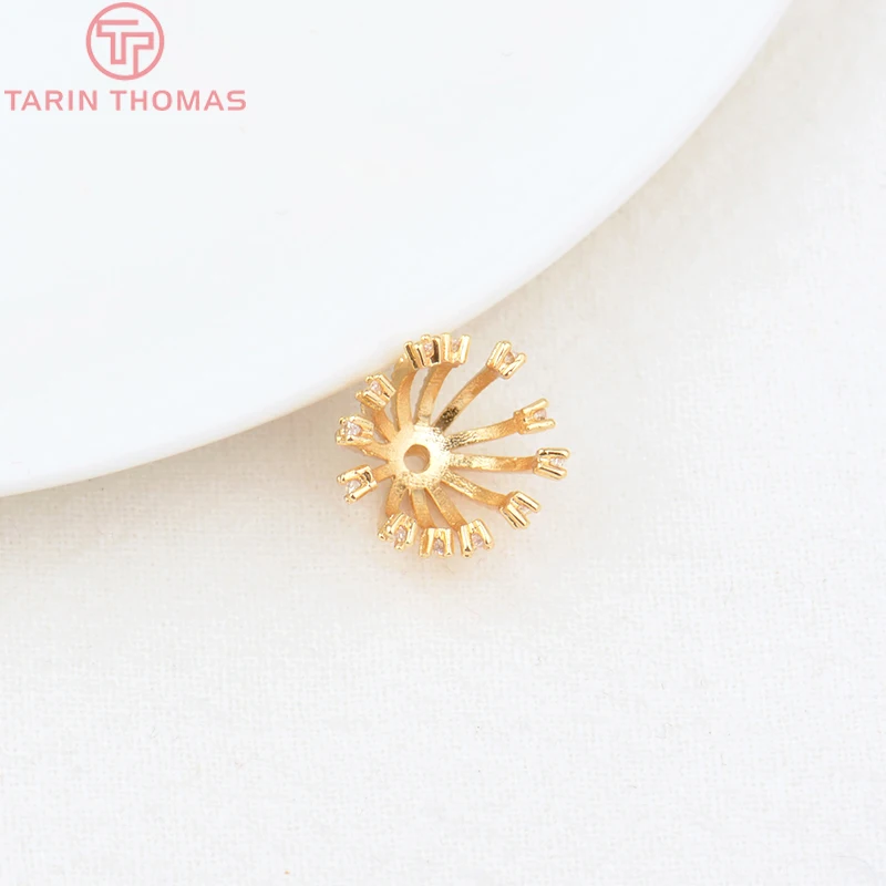 (3191)4PCS 13MM Hole 1MM 24K Gold Color Brass with Zircon Flower Bead Caps High Quality Jewelry Making Findings Accessories image 6