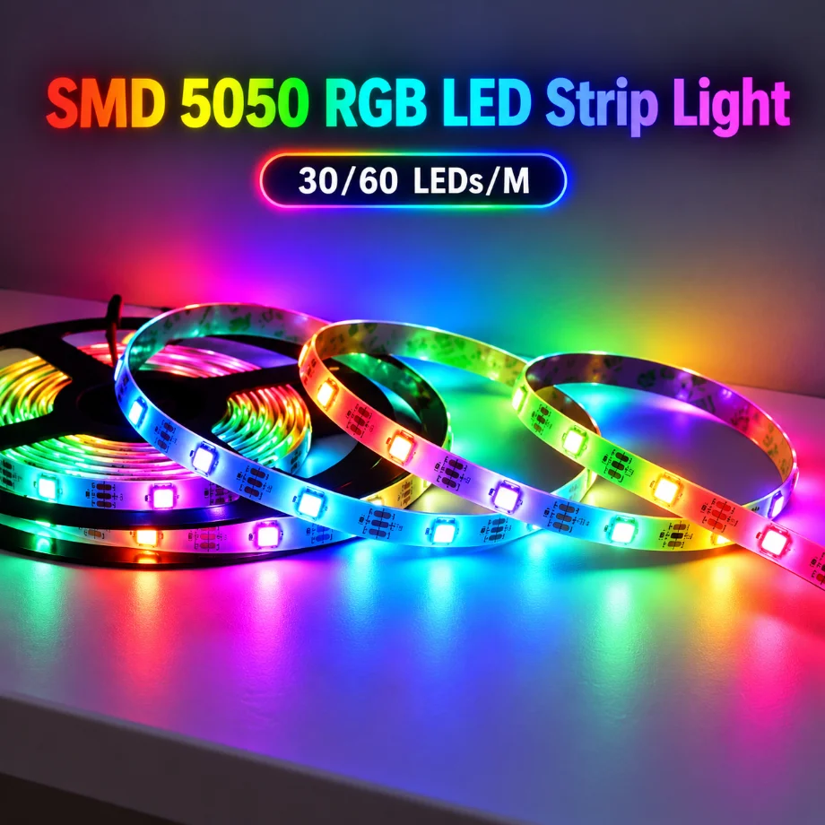 1-10M SMD 5050 RGB LED Strip Light DC12V Flexible Tape 30/60LEDs/M Color Changing Ribbon for Room TV Backlight Party Decoration