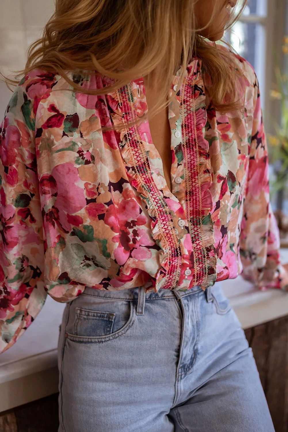 GypsyLady Boho Floral Chic Blouse Shirt Flower Pink Lace Elegant Spring Women Blouse Ruffles Long Lantern Sleeve Ladies Tops