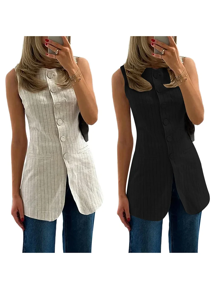 Women s Striped Long Vest Tops Button-up Sleeveless Dressy Suit Jacket Round Neck Waistcoat