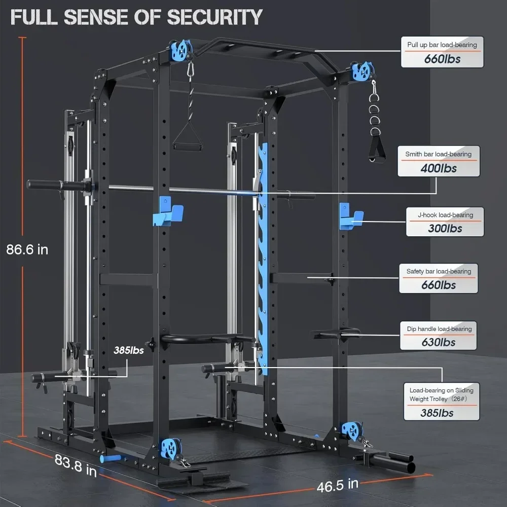 Power Tower, Multi-Functional Power Rack, Handles, Landmine Attachment and Optional Cable Pulley System for Home, Power Tower