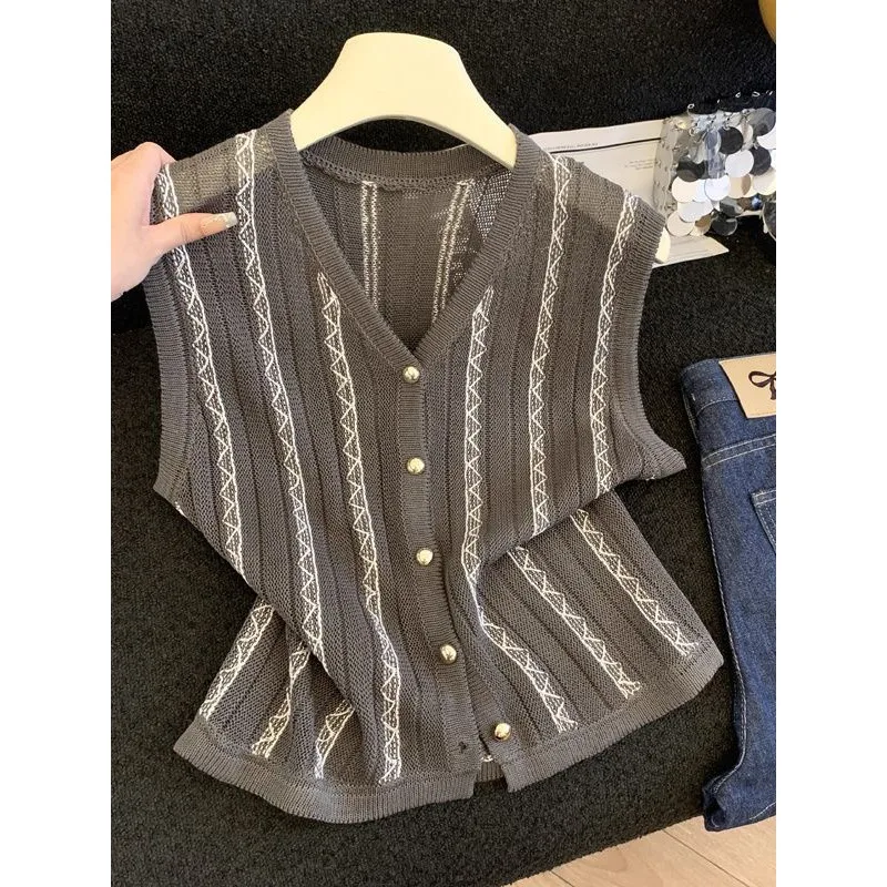 

Summer Ice Silk Knitted Cardigan Sleeveless Vest for Women with Bottoming Vest Slimming Striped Top Thin