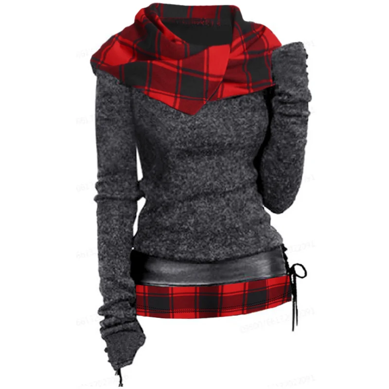 DRESSFO Women's Top Plaid Print Hooded Knit Top Long Sleeve Surplice Hood Knitted Top With Lace-up Belt