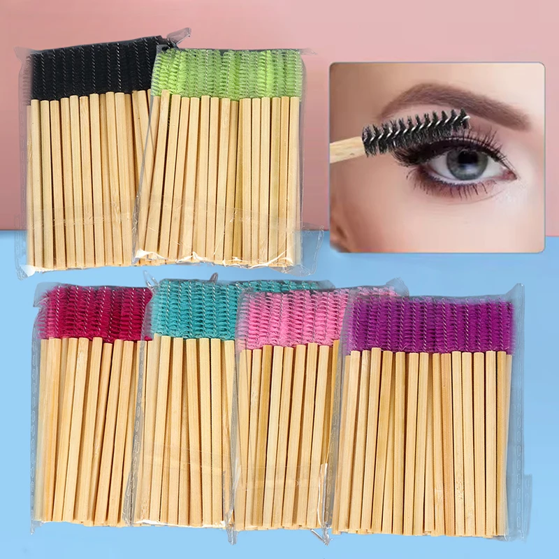 Brosse à cils avec manche en bambou, baguettes de mascara, applicateurs d'extension de cils, peigne à friser les cils, outils de maquillage, 50 pièces