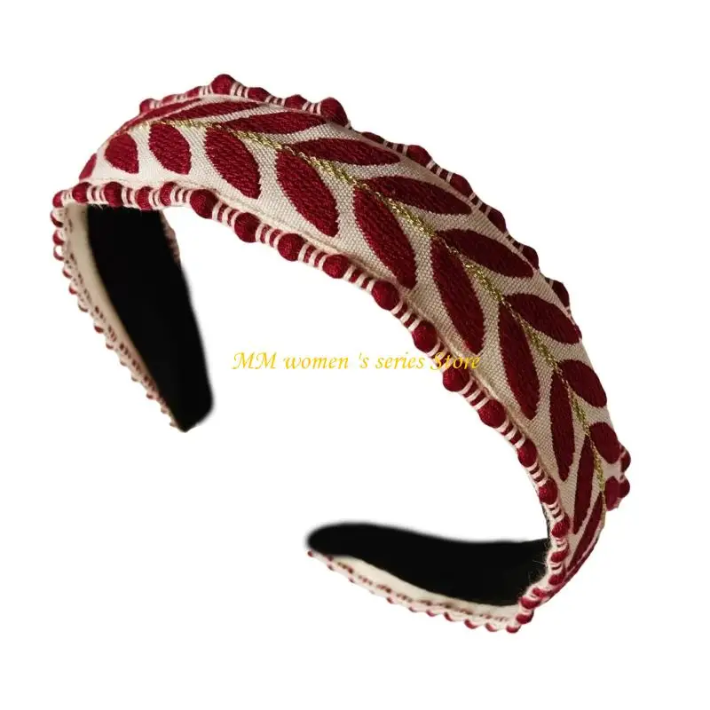 Q39C ربطة شعر بعقدة مطرزة بأوراق فنية للنساء والفتيات عصابات رأس عصرية واسعة وإكسسوارات شعر لعطلات الشاطئ