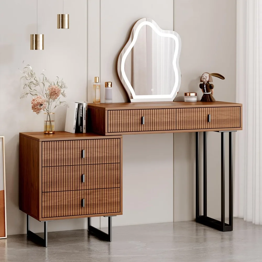 

Brown Dressing Table with Mirror and Light Small Dressing Table with 5 Drawers Modern Dressing Table with Adjustable Bed Cabinet