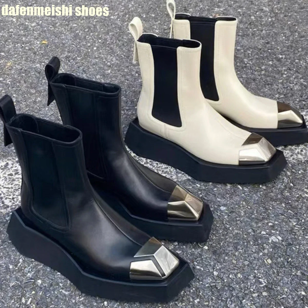 Metal Stitching Fashion Square Toe Boots 2026 Women\'s Style Thick Sole Motorcycle Style Slip On Short Boots Black Real Leather