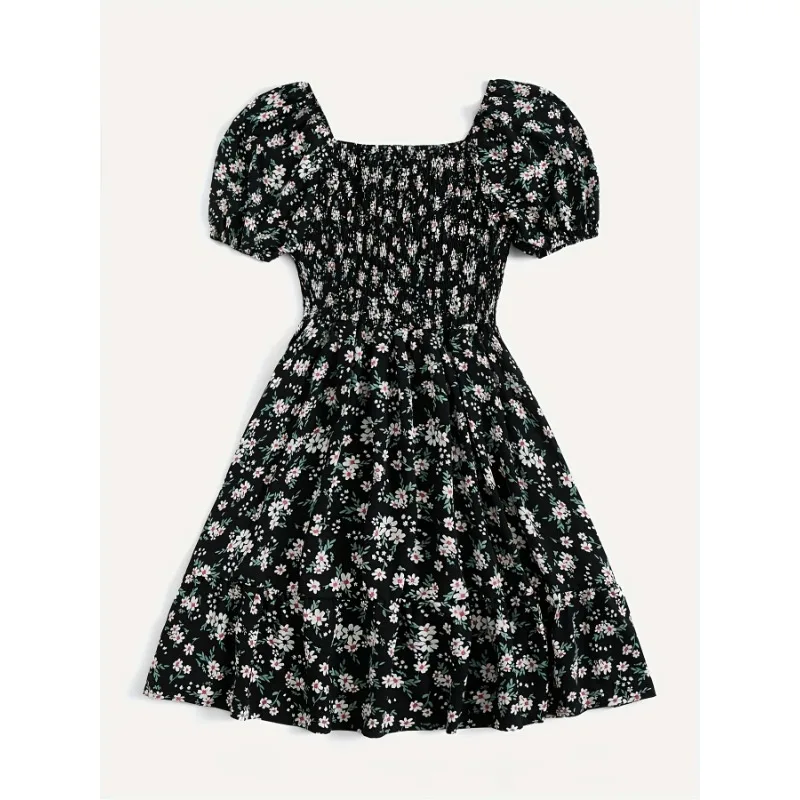 حجم كبير 1XL-5XL المرأة الجديدة المألوف الأزهار طباعة فستان قصير الأكمام السيدات عادية الخصر Cinching ألف خط فستان
